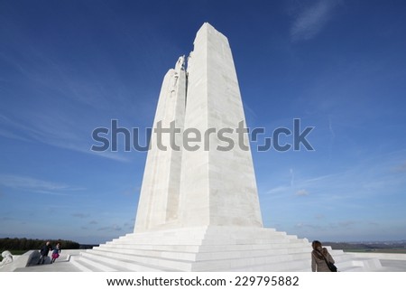 VIMY, FRANCE- NOVEMBER 11, 2014: Canadian memorial of Vimy  to the first world war.  People visit the memorial at the centenary of the Armistice of the Great War.