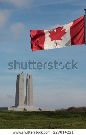 VIMY, FRANCE - NOVEMBER 11, 2014: MÃ?Â©morial of Vimy in France. Memorial to the first world war. Canadian flag fleet for the centenary of the Armistice of the Great War