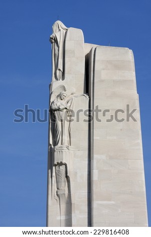 VIMY, FRANCE - NOVEMBER 11, 2014: Memorial of Vimy in France. Memorial to the first world war.  Statue commemorates Canadian soldiers died in the war