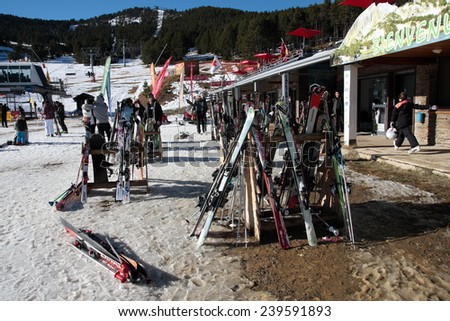 FORMIGUERES, FRANCE- DECEMBER 22, 2014: Ski in the ski resort of Formigueres in Pyrenees Orientales, Languedoc region of France