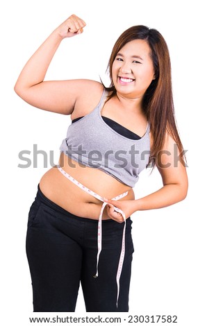 Obese woman body and measure their waist circumference with a tape measure against on white background
