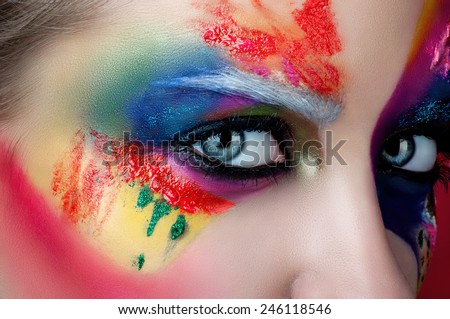 Shot close up eyes with creative colorful makeup