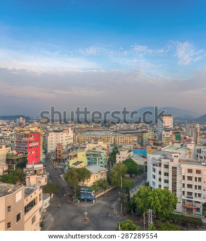 Vietnam, Nha Trang. May 8, 2015. Aerial view on the intersection of streets and neighborhoods of the spa town.
