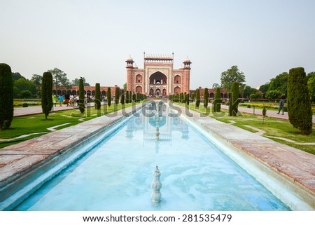 AGRA; INDIA - JULY 13; 2014 : Front gate to Taj Mahal; famous historical monument in Agra; India.