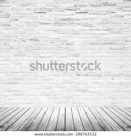 Old interior room with broken white brick wall and grunge wood floor texture