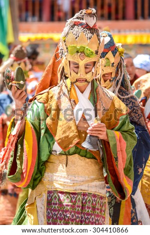 LEH, INDIA - JULY 7, 2014 : Hemis Festival in the Hemis monastery is the Masked Dance, performed by the lamas (Monks), that celebrates victory good over evil in Ladakh, Jammu and Kashmir, India