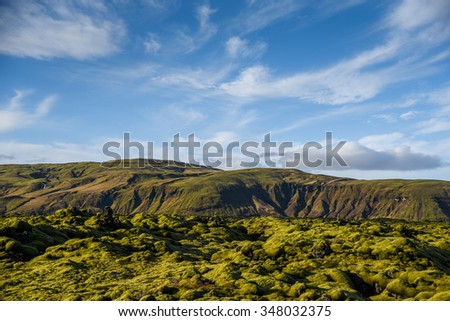 Eldhraun lava field (moss cover on lava rock) and mountain, beautiful volcanic landscape of Iceland