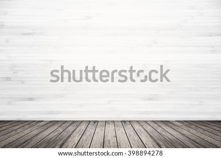 Empty room interior of old grunge white wood wall and dark brown wooden floor, use for background, backdrop or design element in architecture concept