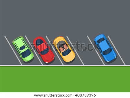 Colored Parked cars on the parking, top view. One free place. Color Flat style vector illustration background for web design or print