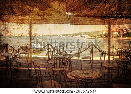 Bamboo bar on a seaside on a grungy background