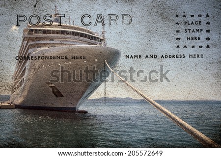 Giant ship waiting in a dock on a postcard