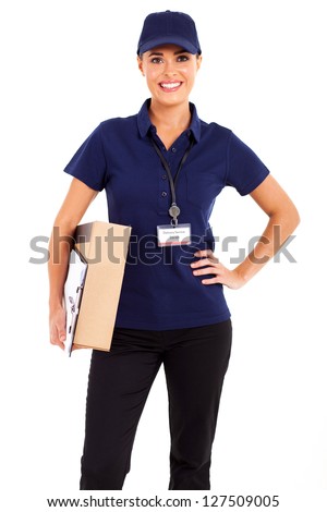 pretty delivery girl half length isolated on white