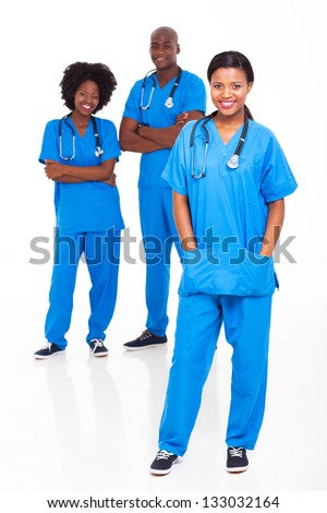 group of black medical workers portrait on white background