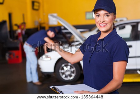 friendly female vehicle service center worker welcome customer