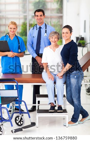 caring daughter taking senior mother for checkup in doctor\'s office