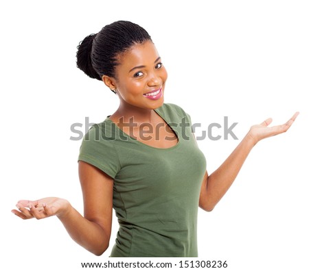 pretty african american woman with open arms against white background