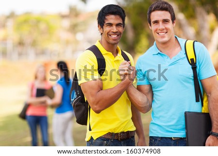 cheerful male university students brotherhood