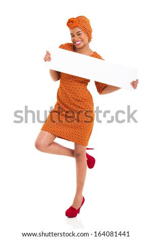 smiling black girl holding white board on white background