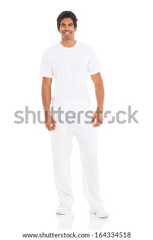 happy indian man in white clothes isolated on white background