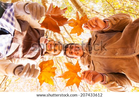 underneath view of young couple holding autumn leaves in forest