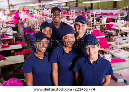 overhead view of group textile factory workers