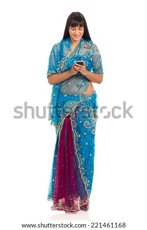 pretty young indian woman using smart phone on white background