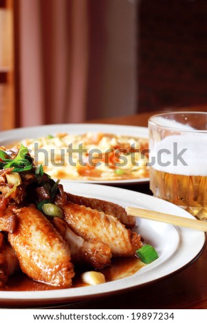 chinese meal with chicken wings