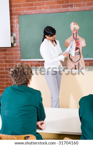 Young attractive female teacher teaching human anatomy at biology class