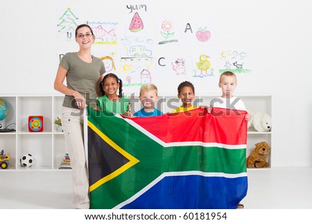 south african kindergarten teahcer and students with south africa flag