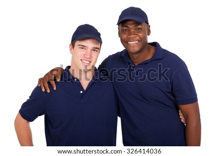 happy multiracial workers on white background