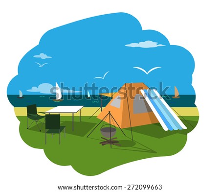 Tourist recreation tent on the beach, on a background of the sea, summer vacation, illustration, retro background.Raster version