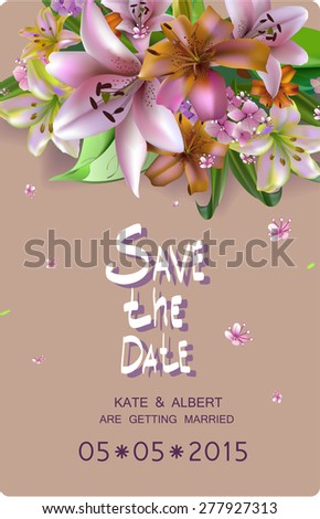 Save The Date, Wedding Invitation Card with flowers lilies and hydrangeas.Vector