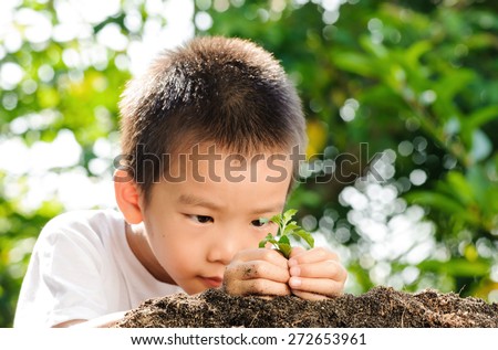 Child holding young plant in hands on green background to plant on soil. Concept Earth day