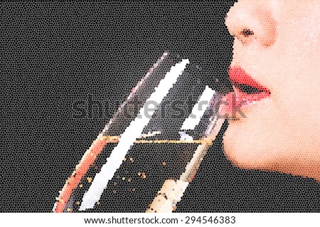 Stain glass effect.Close up red lip Asian young woman drinking champagne