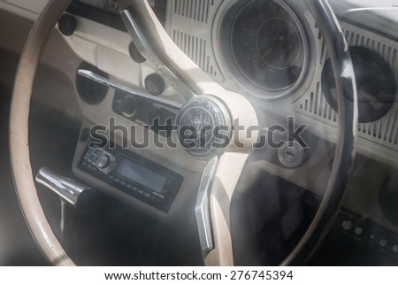 View of the interior of an old vintage car
