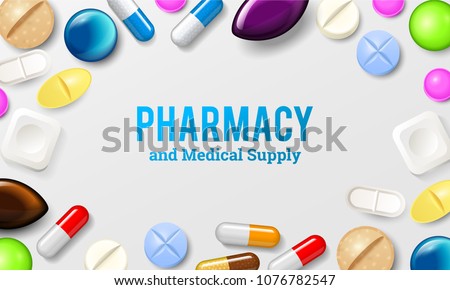Pills background. Vitamin tablets for good health and antibiotic medications. Poster banner for web site. Pharmacy, painkiller capsules and medical drug.