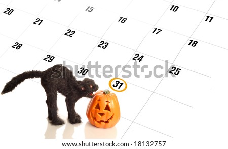 halloween circled on calendar with mean black cat and pumpkin
