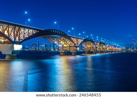 Han river with Seongsan bridge at night in Seoul, Korea