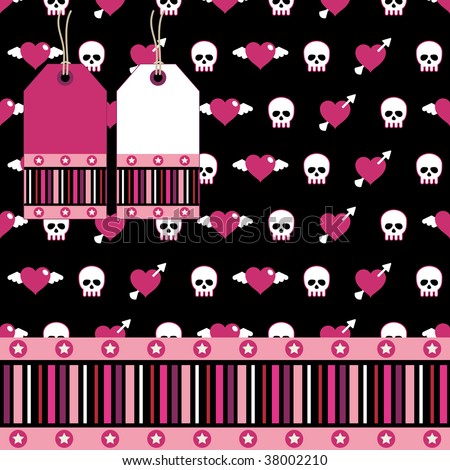 stock vector : emo style seamless pattern with hearts and skulls, 