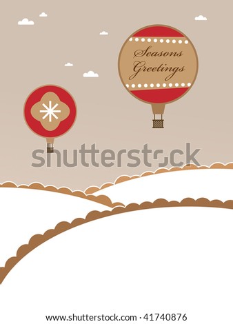 winter landscape with christmas hot air balloons and seasons greetings