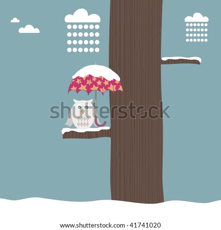 winter landscape with owl sheltering from the snow under an umbrella