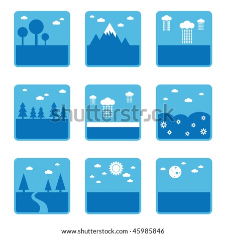 blue landscape symbols with trees and weather