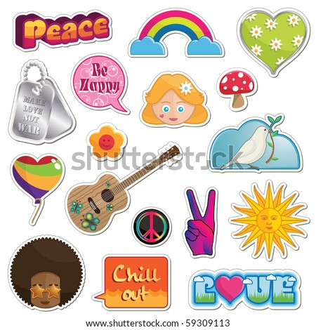 stock vector collection of peace and love stickers isolated on white