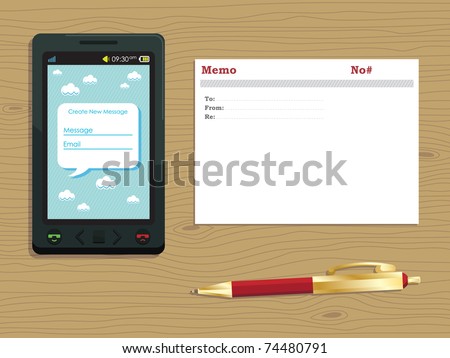 old and new technology, generic smart phone, memo card and pen