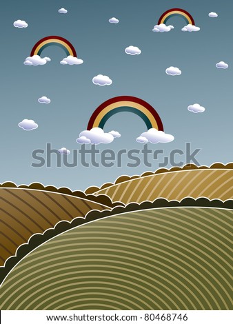gradient landscape background with clouds and rainbows