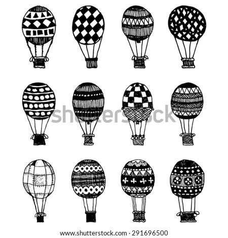 set of hand drawn hot air balloons, isolated on white