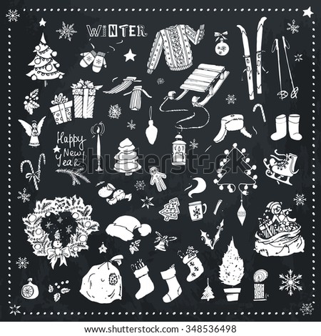 Winter season themed doodle Network - snovflakes, winter sport, Christmas menu, Christmas Tree, Christmas toys, a bag with gifts, winter set, chalk blackboard