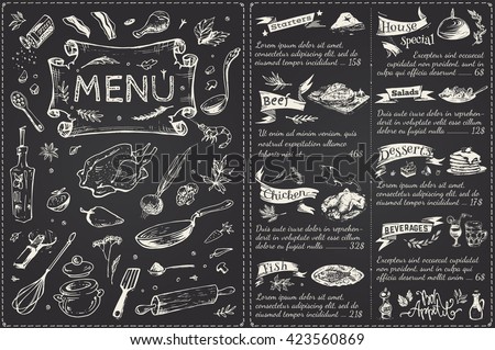 title page and menu list  for  restaurant. sketches food icons, vector chalk on a blackboard, a trend design, vintage, kitchenware, chicken, vegetables, fish, desserts, drinks, spices. Bon Appetit