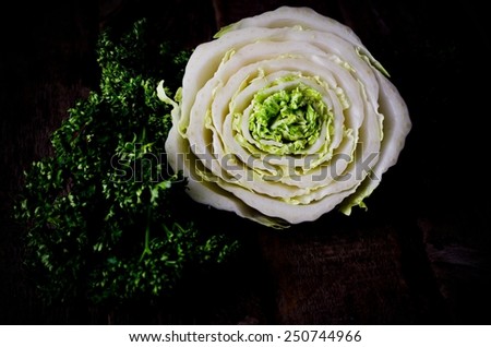 Slice of chinese cabbage shaped rose and parsley. Romantic mood. Toned image