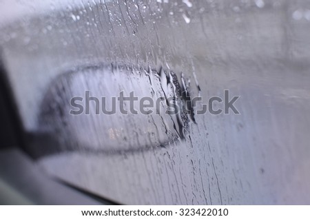 Rain on the car glass, wet day, shot through a windscreen, focusing on the rain droplets